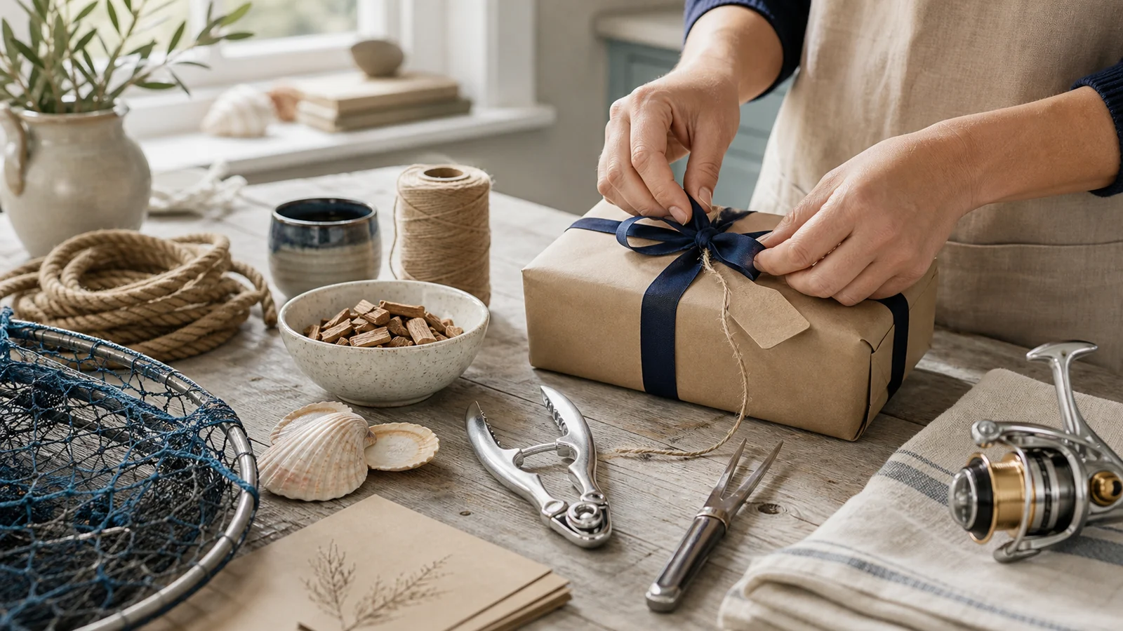 Hands tying a navy ribbon around a kraft-paper gift of coastal kit