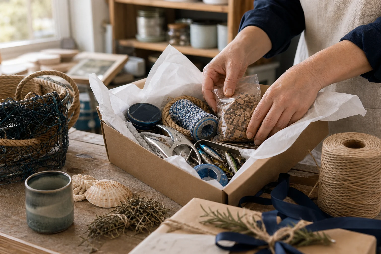 A member of the Down The Cove family packing a coastal kit box by hand at the counter