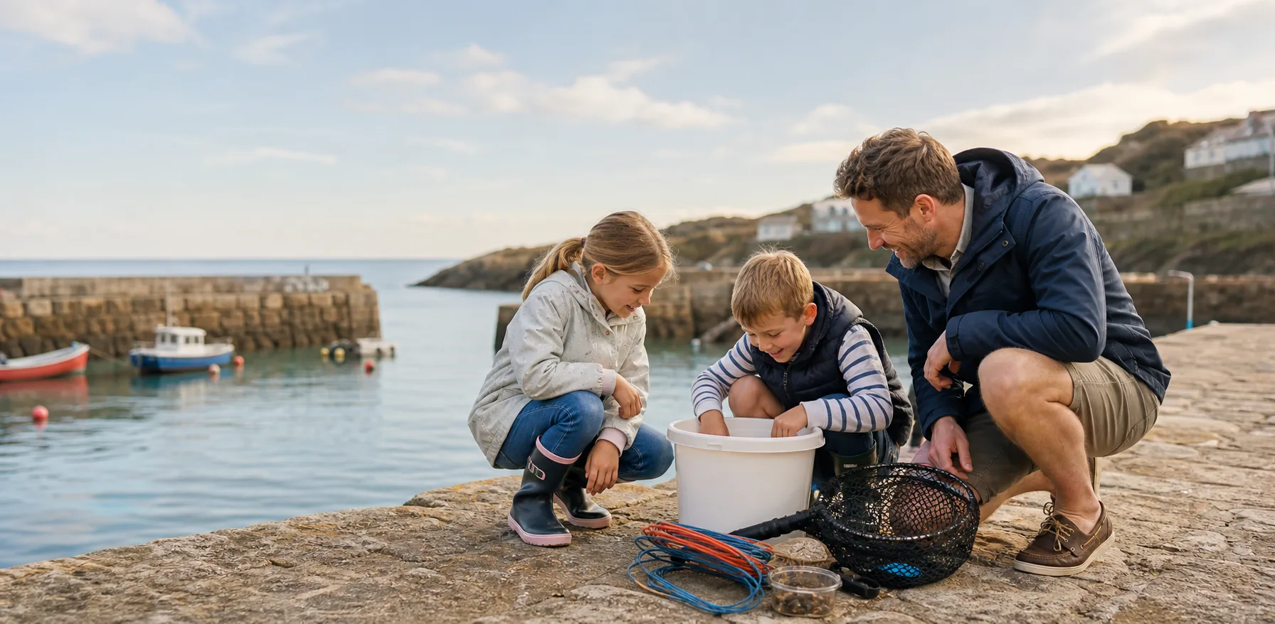 A family crabbing together on a Cornish harbour wall in golden evening light